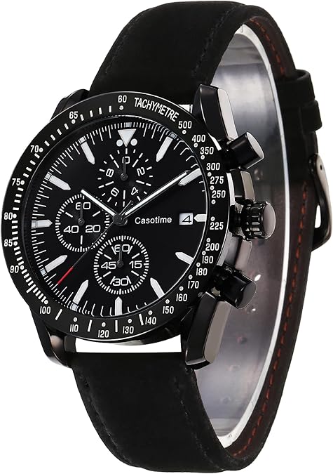 Black chronograph watch with leather strap