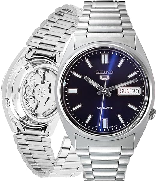 Silver automatic watch with blue dial