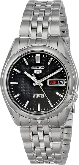 Silver Seiko automatic wristwatch with black face